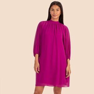Trina Turk NEW Size M Rhyme Shift Dress Festive Fuchsia Chiffon Cape 3/4 Sleeve